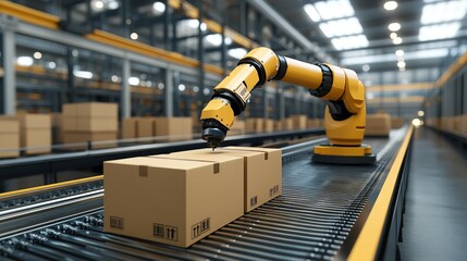 Fototapeta premium Automated robotic arm in warehouse factory handling cardboard boxes on conveyor belt