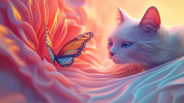 A white cat is laying on a pink background with a butterfly