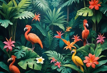 Tropical exotic pattern with animal and flowers in bright colors and lush vegetationn