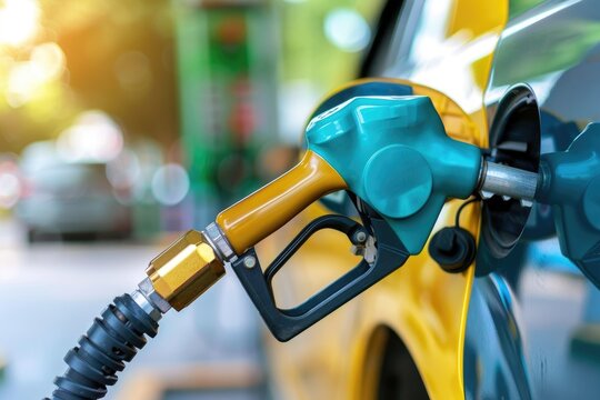A close-up of a fuel pump nozzle inserted in a vehicle, highlighting the process of refueling at a gas station.