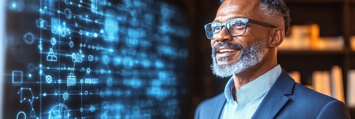 Smiling African American Businessman Looking at Futuristic Display of Automated Data Analysis