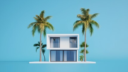 Fototapeta premium A modern house design surrounded by palm trees against a bright blue sky, creating a tropical and serene ambiance.