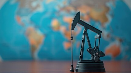 A miniature oil pumpjack set against a blurred world map, symbolizing the global oil industry and energy resources.