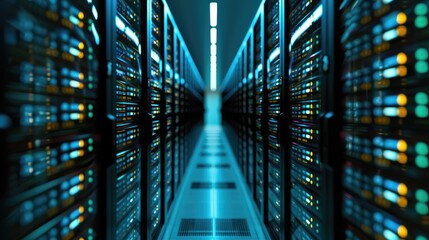 A futuristic server room with rows of servers illuminated by blue lights, creating a high-tech, digital atmosphere.