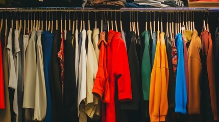 Colorful clothes hanging on a rack, ready to be worn.