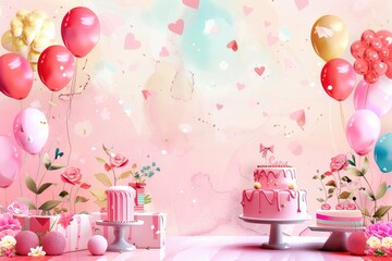 Festive Birthday Setup with Pink Cakes, Balloons, and Floral Decorations
