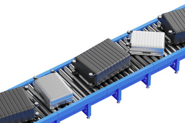 Fototapeta premium Multiple suitcases on a conveyor belt in an airport setting. Modern graphic style on a white background. Concept of travel and logistics. 3D Rendering