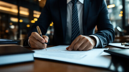 Close-up of a businessman in a suit signing a document at a desk, emphasizing corporate and professional themes. The setting is a modern office with warm lighting.