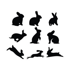 Set of rabbit silhouettes isolated on white background