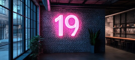 Neon Number Nineteen Glowing Sign Lights up Industrial-Style Brick wall at Night Decor