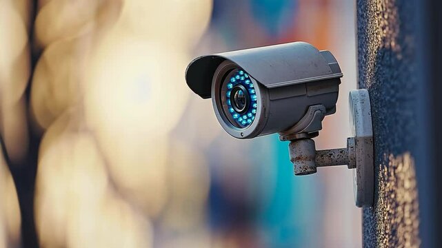 A security camera is mounted on a wall outside