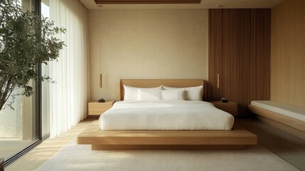 Serene bedroom designed with a wooden bed and minimalist decor, creating a peaceful ambiance perfect for relaxation. The tranquil bedroom invites you to unwind with its simple elegance.