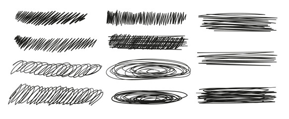 Set of sketchy doodle texture. Pattern, texture, line hand drawn. Hatch drawing pen ink and crosshatch draw pencil sketch. Doodle scratch style. Black shape isolated on white background. 