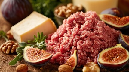 Raw ground meat is presented artistically alongside figs, nuts, cheese, and herbs, creating a delightful composition. Ideal for culinary themes, this raw ground meat image has ample copy space.