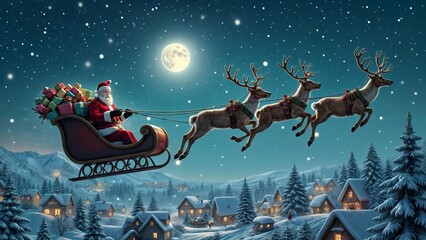 Santa Claus in his sleigh soaring over a snowy village, surrounded by twinkling lights and festive decorations.