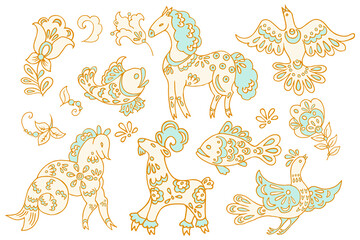 fantastical vector images featuring isolated fairy tale animals, fish, birds, and flowers