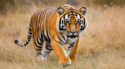 Fototapeta premium Indian Bengal tiger walks gracefully among tall grass in the forest, Ai generated images