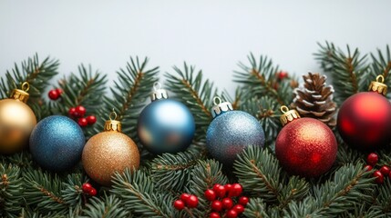 A row of Christmas ornaments on a tree