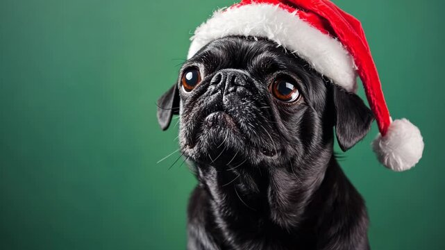 A black pug wearing a Santa hat looks up with a curious expression against a green background