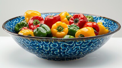 A blue and white bowl filled with yellow, red, and green bell peppers.