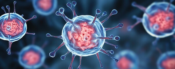 Obraz premium A detailed depiction of virus-like structures exhibiting vibrant colors, representing microscopic biological entities.