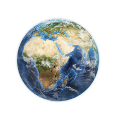 Realistic illustration of Earth displaying Africa, Europe, and Asia continents, set against a white background, emphasizing a global concept. 3D Rendering