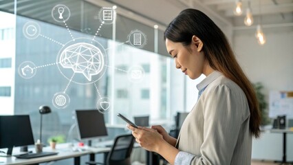Woman using smartphone with digital brain graphics.