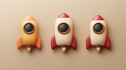 Fototapeta premium Three small rockets are lined up on a wall