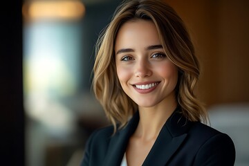 Naklejka premium Gorgeous Woman Headshot with Confident Smile in Soft Focus Natural Light.