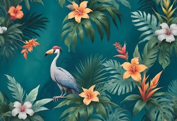 Tropical exotic pattern with animal and flowers in bright colors and lush vegetationn