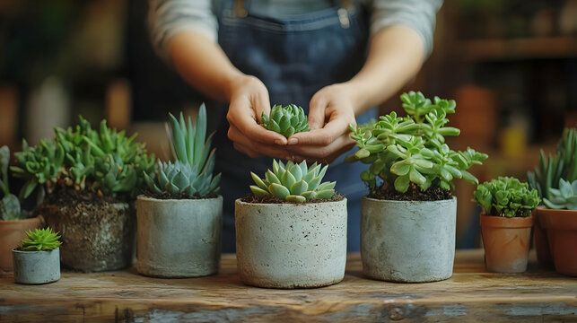 Photo - Woman Holding a Succulent Plant with Other Succulents in Concrete Pots on a Wooden Table