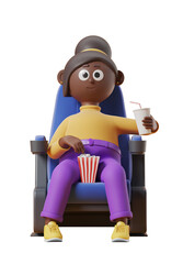 Animated character sitting in a cinema chair with a bucket of popcorn and a drink. White background. Concept of enjoying a movie. 3D Rendering