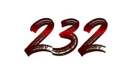 3D blood red number design of 232 on white background.