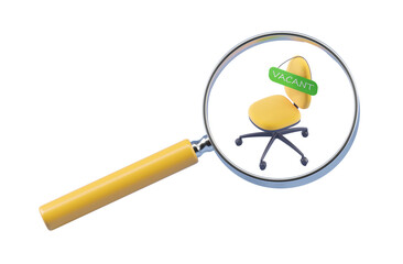 A magnifying glass focusing on a yellow office chair with a VACANT sign, on a white background. Concept of job vacancy. 3D Rendering