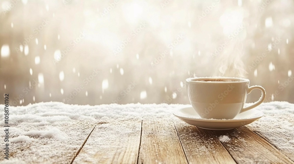 Wall mural A warm cup of coffee on a snowy winter day by a wooden table