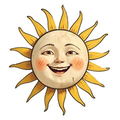 A cartoon sun with a smiling face, rosy cheeks, and yellow rays.