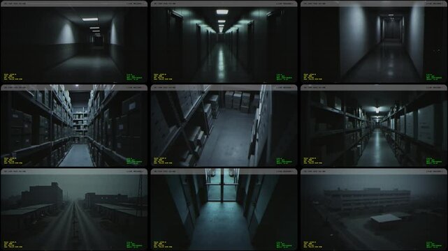 Nine surveillance footage cameras watching dark corridors, industrial storage facilities, urban exteriors, hallways, warehouse shelves and foggy cityscapes. Crime, mystery, solitude.
