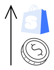 Upward arrow, shopping bag with S, a coin with a dollar sign. Ideal for economic progress, e-commerce, financial success, business growth, and online shopping. Minimalist, modern, vector