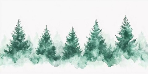 Obraz premium Lush green watercolor forest illustration with misty background showcasing evergreen trees