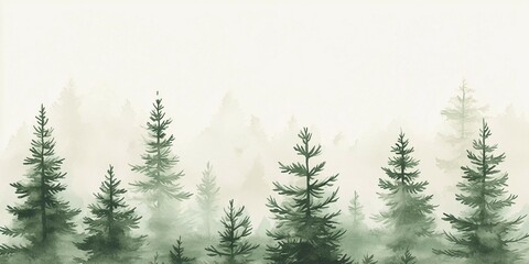 Fototapeta premium Misty green forest landscape at dawn with towering evergreen trees