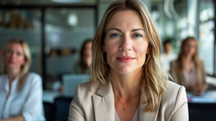 Fototapeta premium Portrait of a confident businesswoman in an office with colleagues in the background.