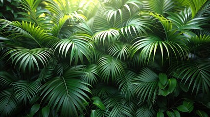 Lush green tropical foliage with various palm leaves, creating a vibrant, serene atmosphere.