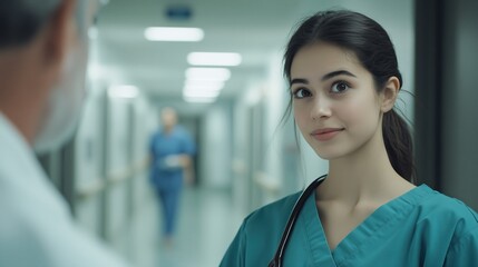 Fototapeta premium A medical intern dressed in scrubs interacts with a senior doctor. The hospital corridor is bustling with healthcare professionals attending to various tasks