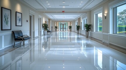 Obraz premium A janitor diligently cleans the polished floor of a hospital hallway, ensuring a hygienic environment for patients and visitors in a calm setting