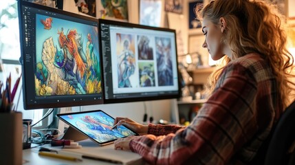 Creative Woman Using Graphics Pen on Digital Tablet for Fantasy Artwork in Dimly Lit Workspace