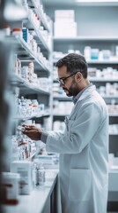 Inside a hospital pharmacy, a pharmacist meticulously checks and organizes medication on shelves, focusing on accuracy to ensure patient care and safety
