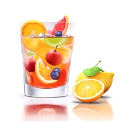 A glass of refreshing fruit punch with a lemon and a lime on a white background.