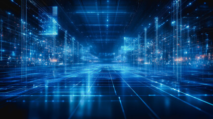 This captivating digital image features an expansive floor illuminated by intricate blue patterns, creating a futuristic and vibrant environment suitable for various creative projects.