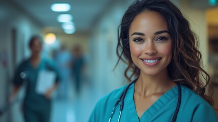 Obraz premium A friendly healthcare professional smiles brightly in a bustling hospital corridor filled with medical staff attending to patients and completing tasks