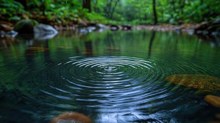 Fototapeta premium Water Droplet Ripples in a Tranquil Forest Stream